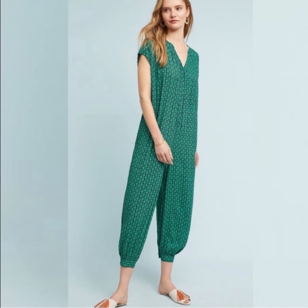 Anthropologie Maeve Geoscape Jumpsuit Emerald Green & Navy Geometric Print Large